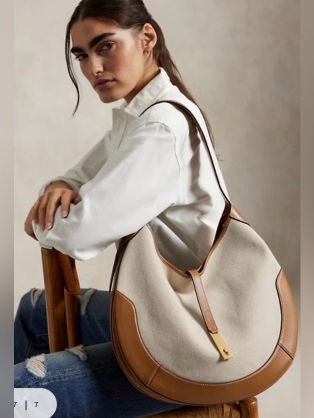 Ralph Lauren Polo ID Beige Canvas Shoulder Bag with Tan Leather Trim, like new! - Picture 2 of 8